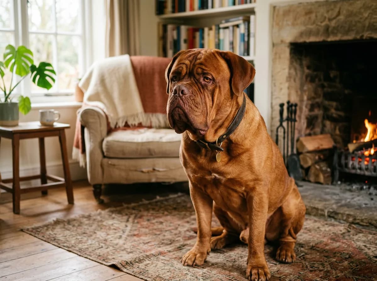 a Dogue de Bordeaux (French Mastiff) with a massive red head