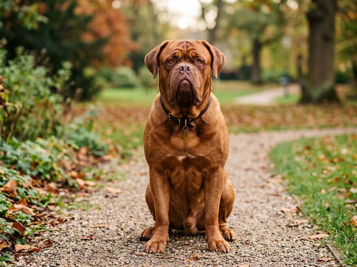 a Dogue de Bordeaux (French Mastiff) with a massive red head