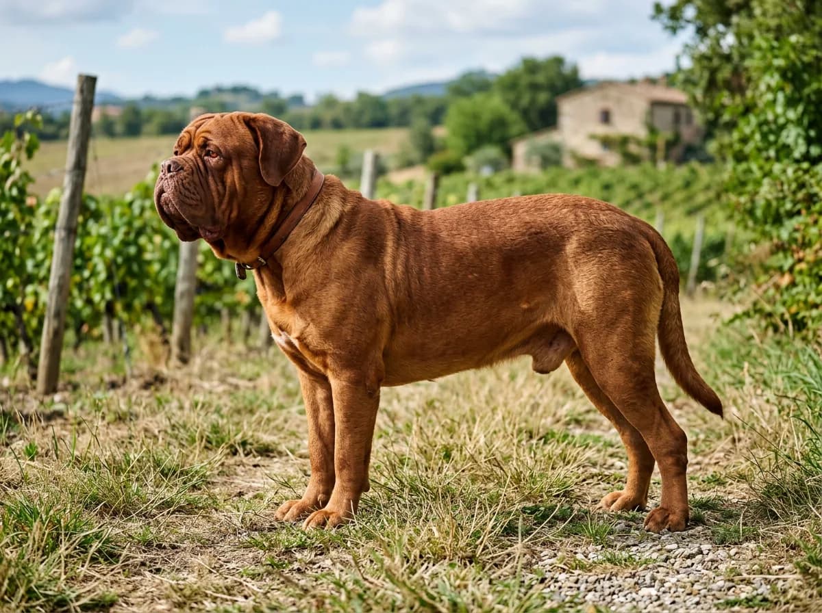 a Dogue de Bordeaux (French Mastiff) with a massive red head