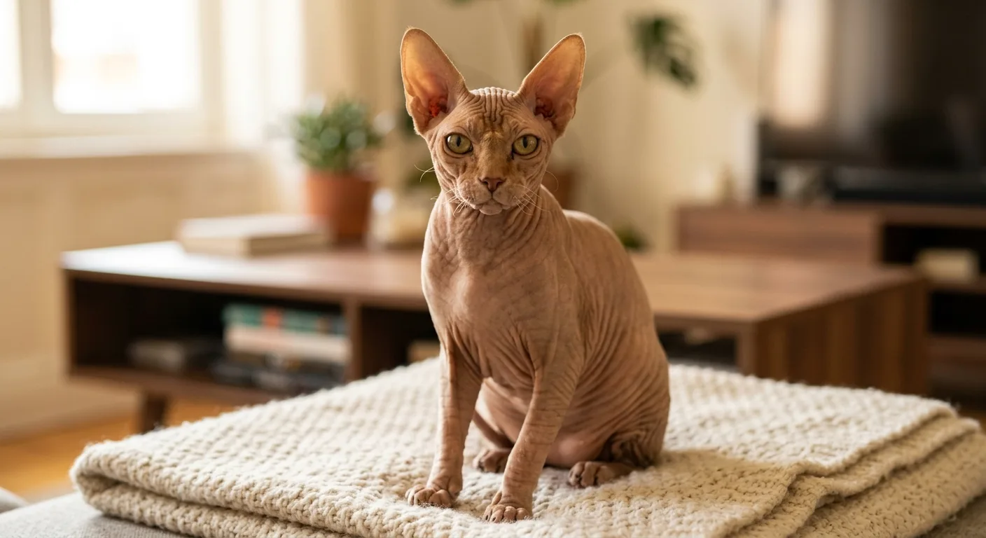 A hairless Donskoy cat with warm wrinkled skin, very large ears, and almond-shaped eyes sitting on a soft blanket indoors
