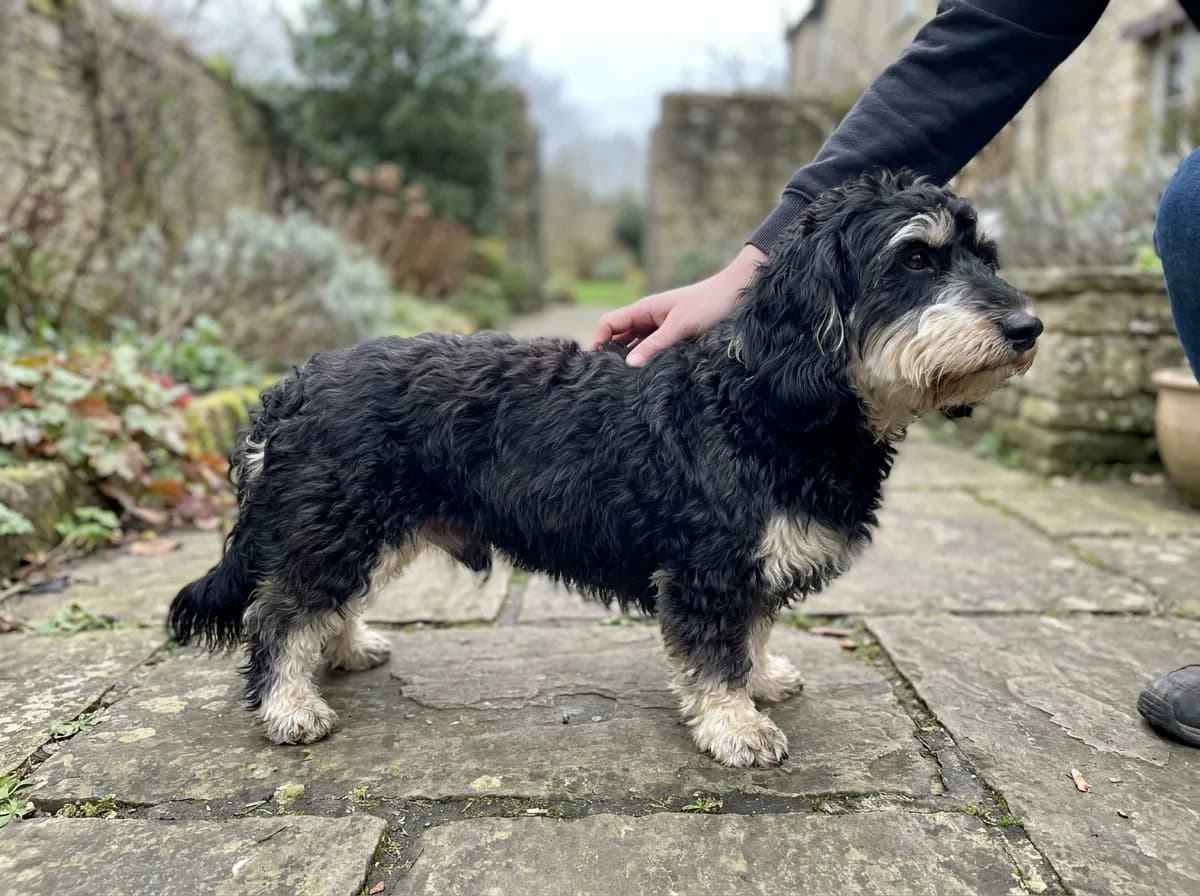 Adult black-and-white Doxiepoo standing beside a person