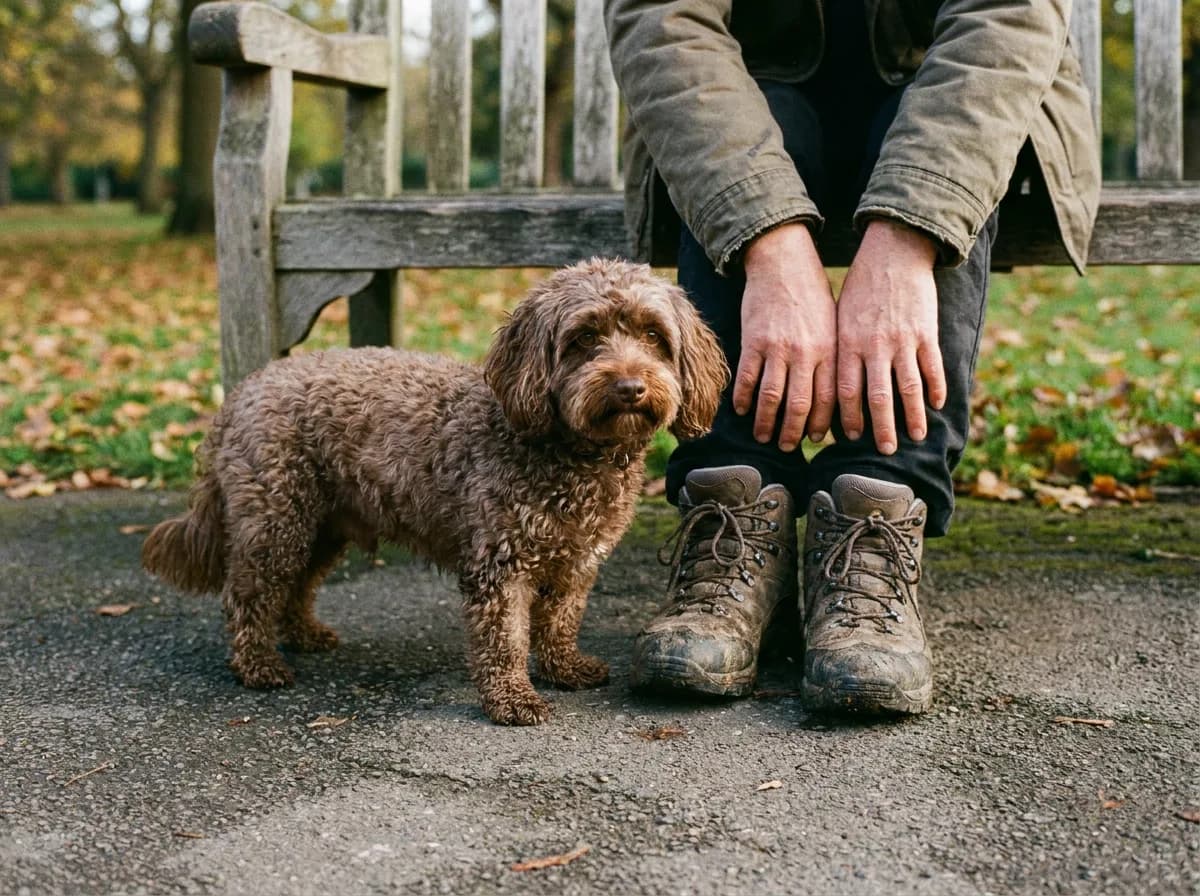 Small brown curly-coated Doxiepoo beside an adult pair of boots