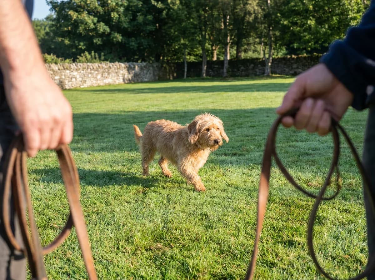 Tan Doxiepoo standing on grass between two people