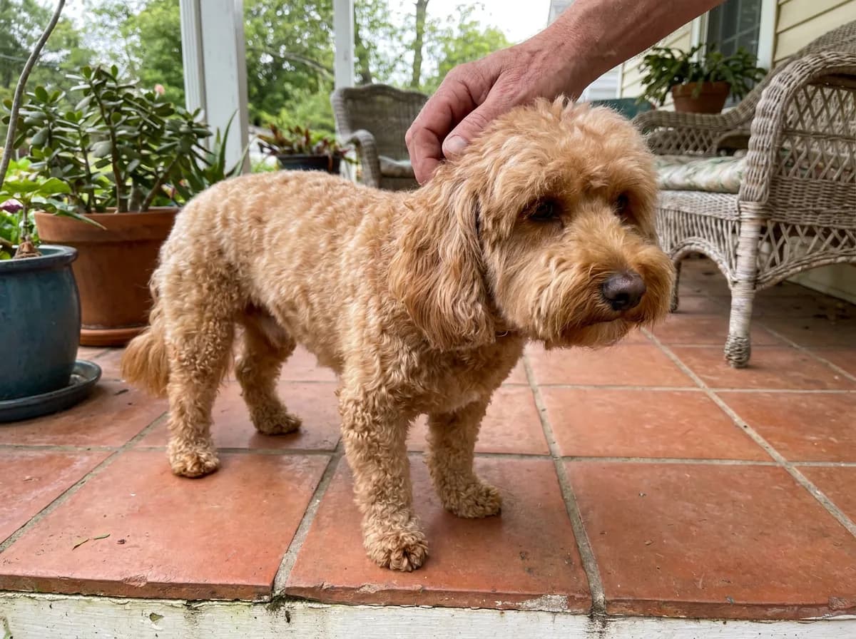 Apricot Doxiepoo with a rounded face and tidy body coat