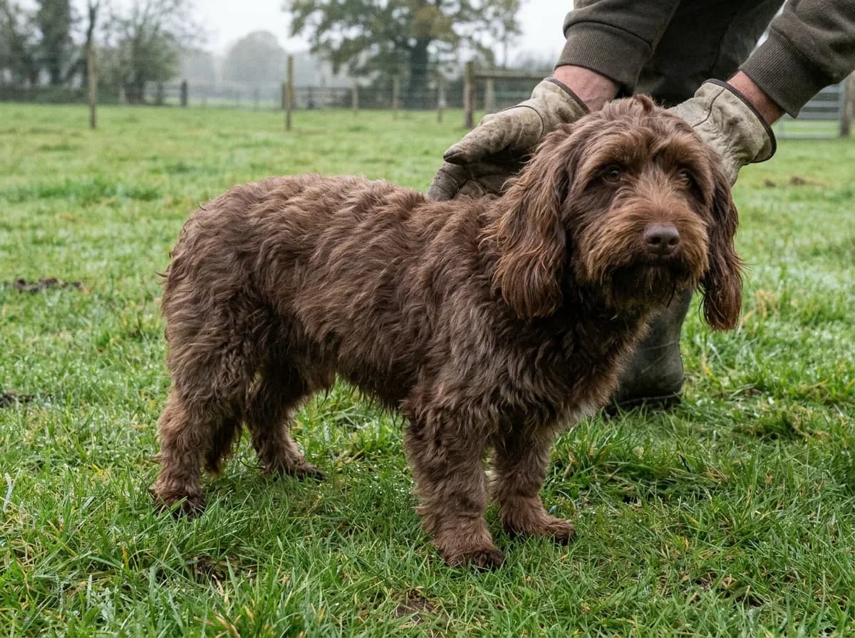 Brown shaggy-coated Doxiepoo standing beside a person outdoors