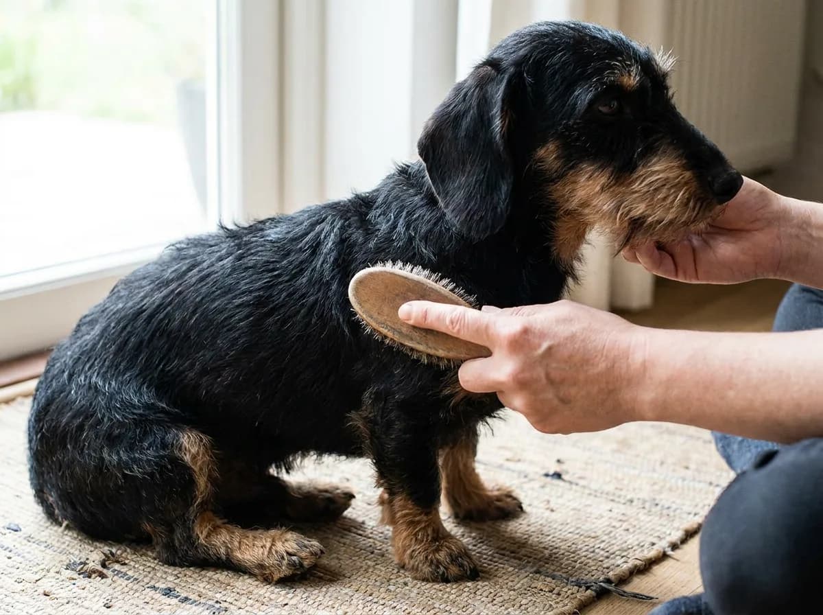 Person brushing a smoother black-and-tan Doxiepoo coat