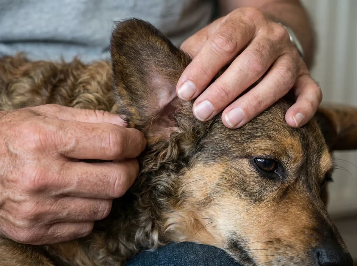 Person gently parting a Doxiepoo coat near its ear