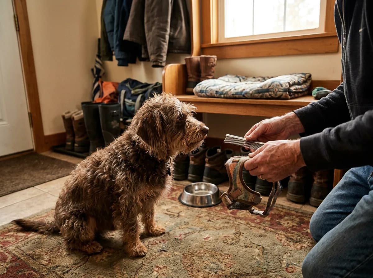 Brown Doxiepoo beside a bowl while a person checks a harness