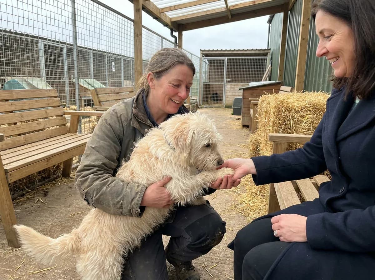 Person meeting a cream Doxiepoo with a rescue carer