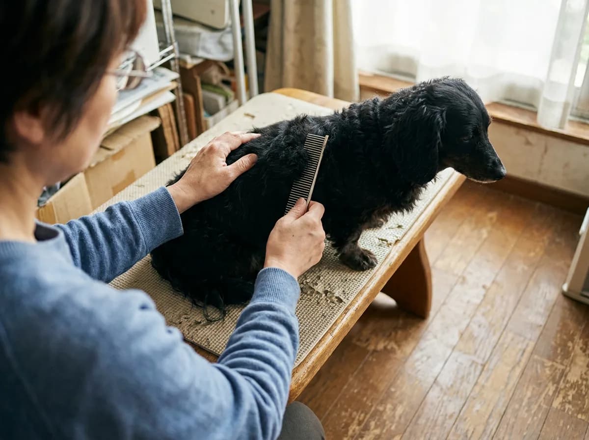 Person combing a black Doxiepoo coat on a bench