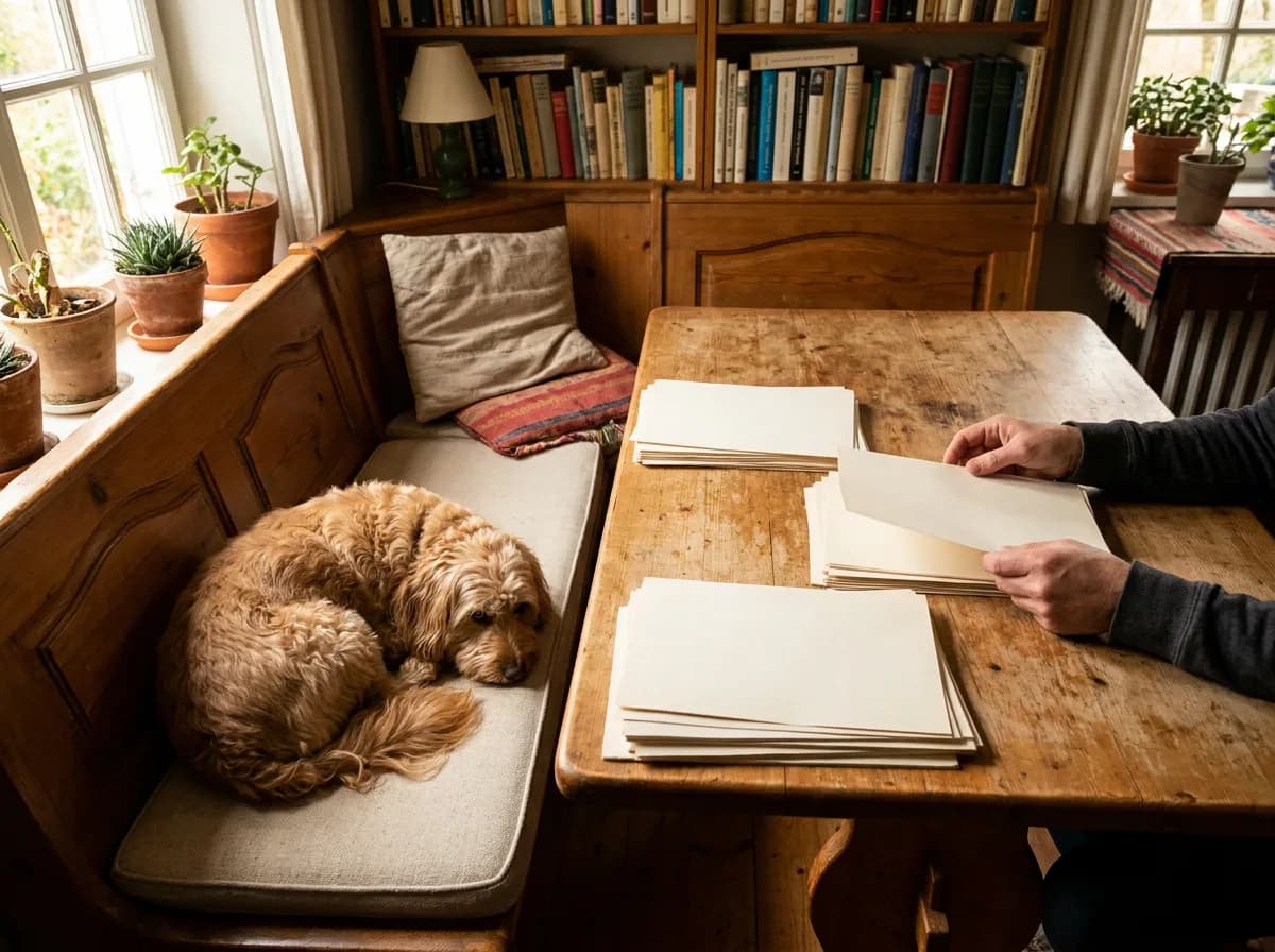 Doxiepoo resting near a person reviewing household paperwork