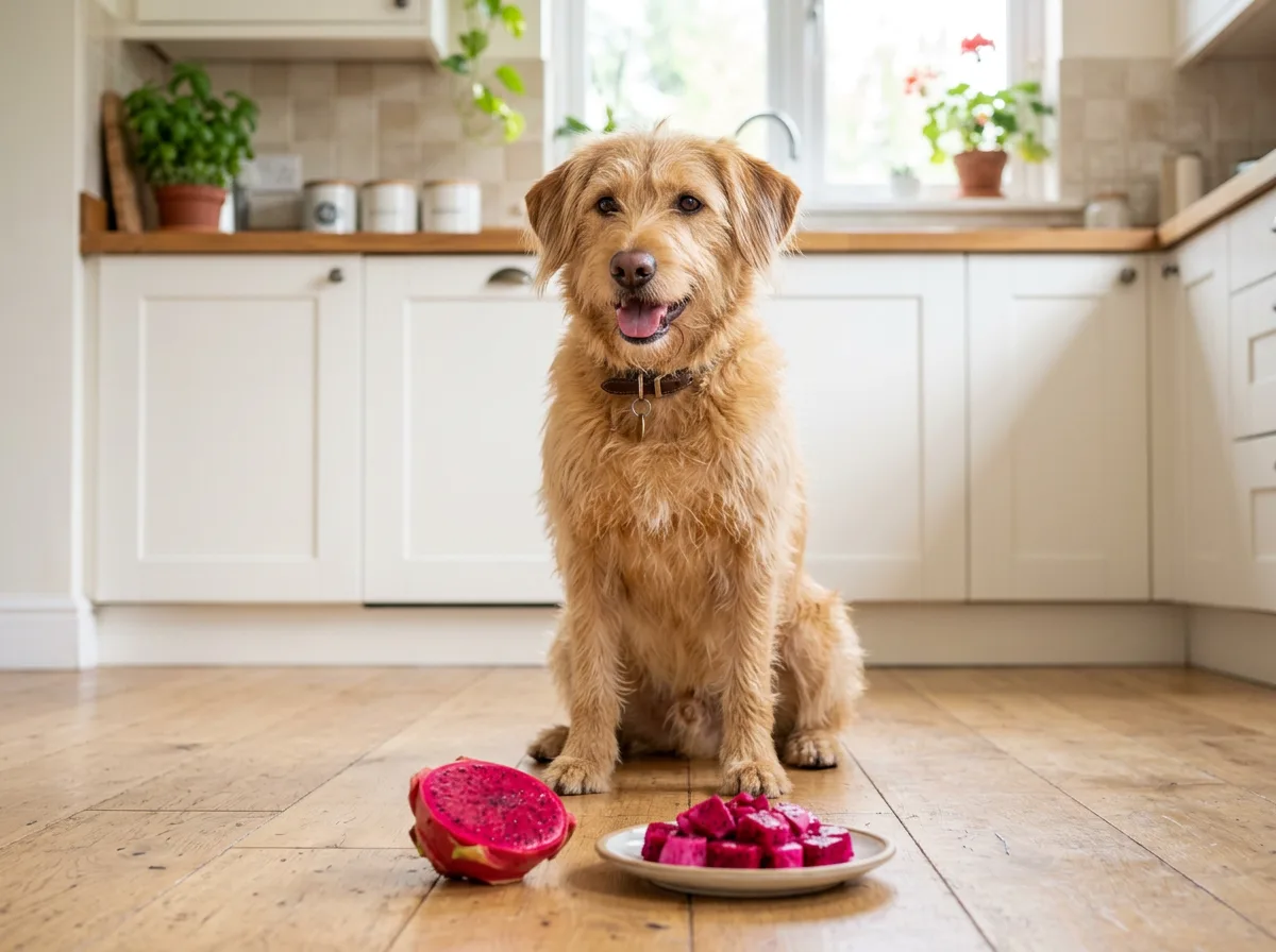 Can dogs eat dragon fruit: a golden mixed-breed dog sniffing halved dragon fruit and a bowl of cubed pink pitaya flesh in natural light