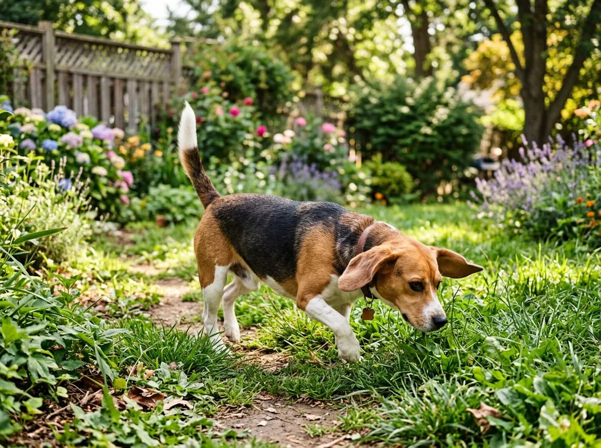 a tricolor Beagle with a raised tail and eager expression following a scent across a sunny backyard, ears flopping, tail up like a flag