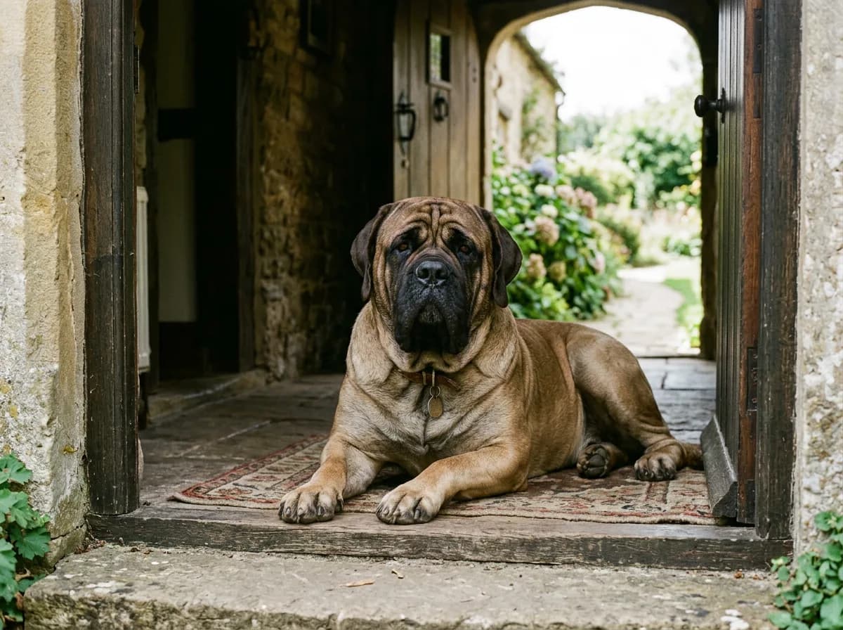a massive calm Mastiff with a broad wrinkled head lying in a shaded doorway, watchful but relaxed, radiating gentle steadiness