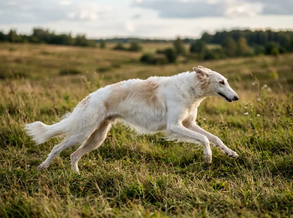 a slender Borzoi with a long narrow muzzle and silky coat mid-stride across an open field, the picture of graceful speed and single-minded focus