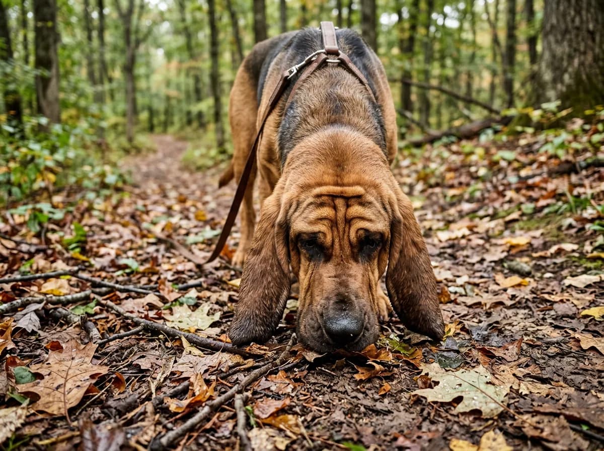 a wrinkled Bloodhound with long drooping ears and folds of skin, nose pressed to the ground on a leafy trail, completely absorbed in a scent