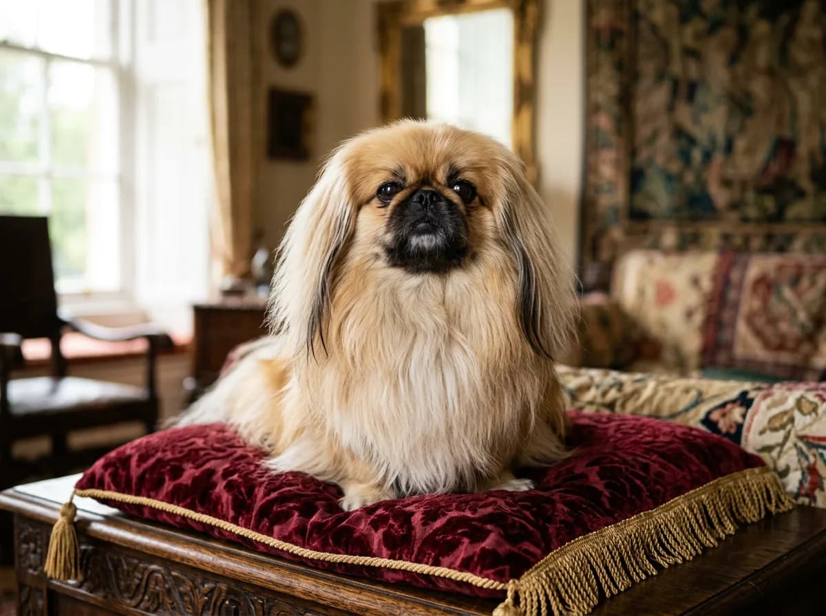 a small long-coated Pekingese with a flat face and lion-like mane sitting on a velvet cushion, chin lifted, radiating royal entitlement