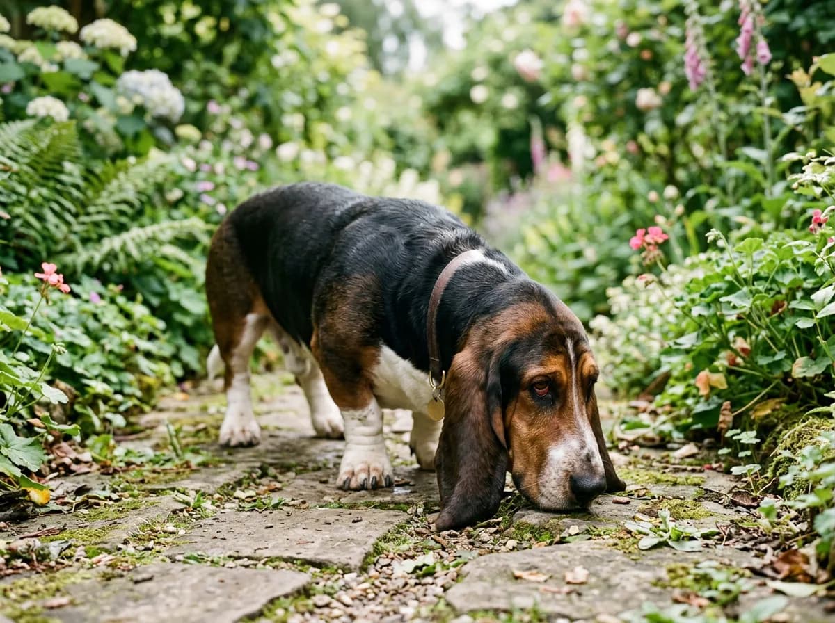 a low-slung Basset Hound with extremely long ears and a soulful droopy face standing on a garden path, nose already dropping toward an interesting sme