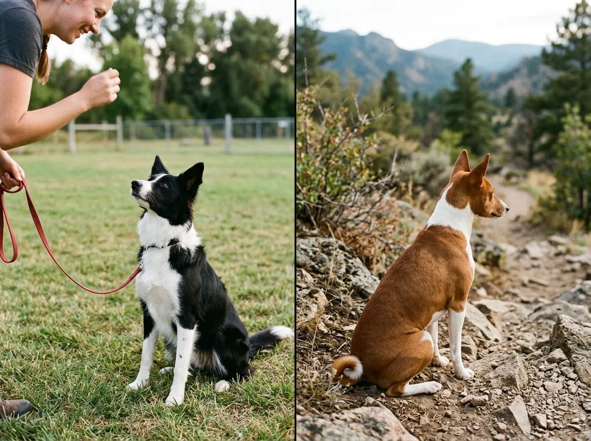 a split composition showing a focused Border Collie locked onto a handler on the left and a relaxed Basenji looking away with total indifference on th