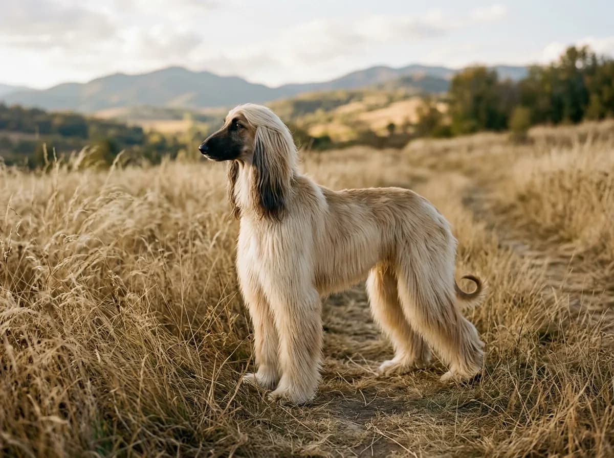 an elegant Afghan Hound in profile with long silky ears and a proud posture, standing in tall dry grass, looking regal and slightly unbothered