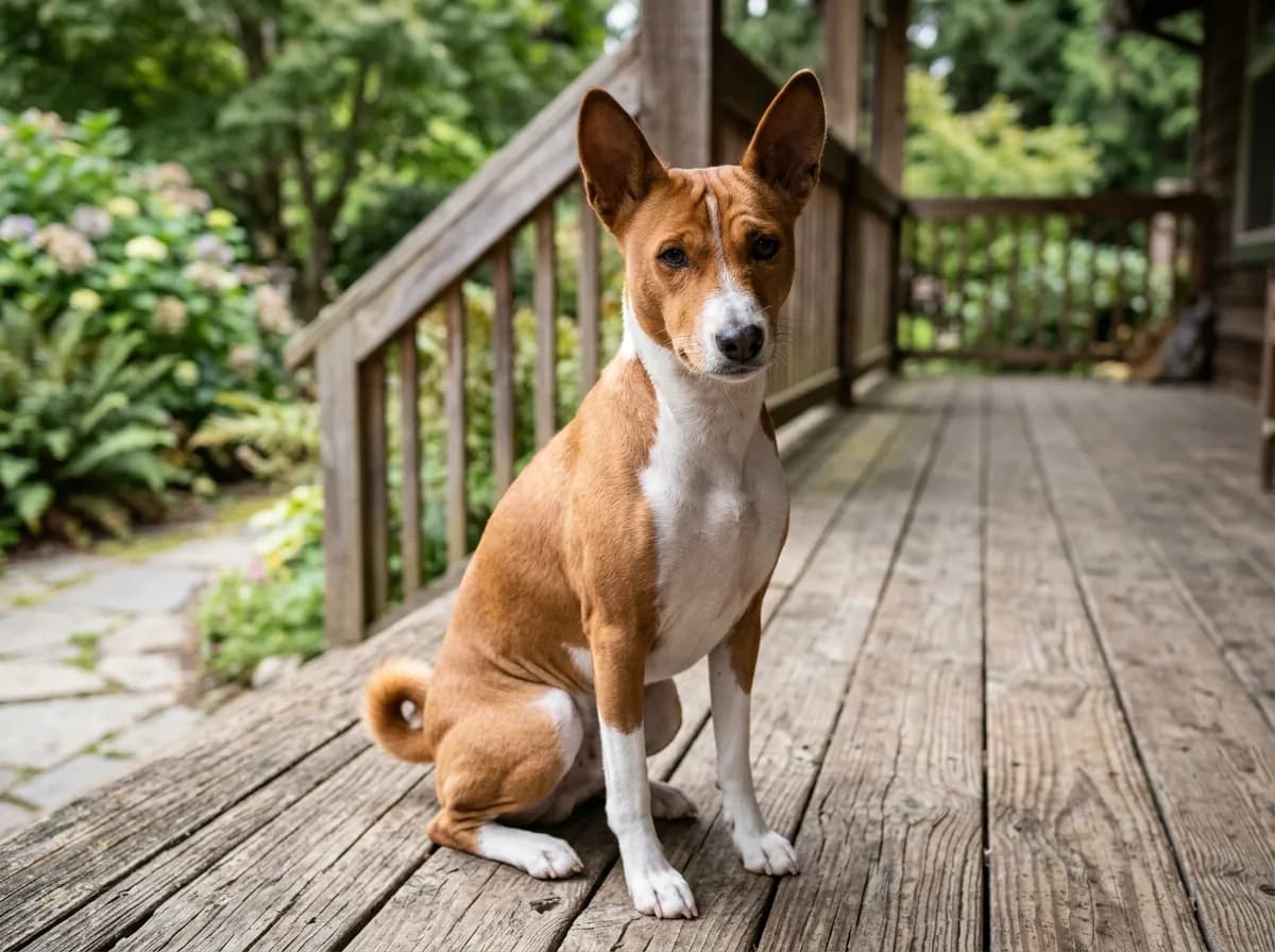 an alert Basenji with a tightly curled tail and wrinkled forehead sitting upright on a wooden porch, ears pricked, wearing an expression of skeptical