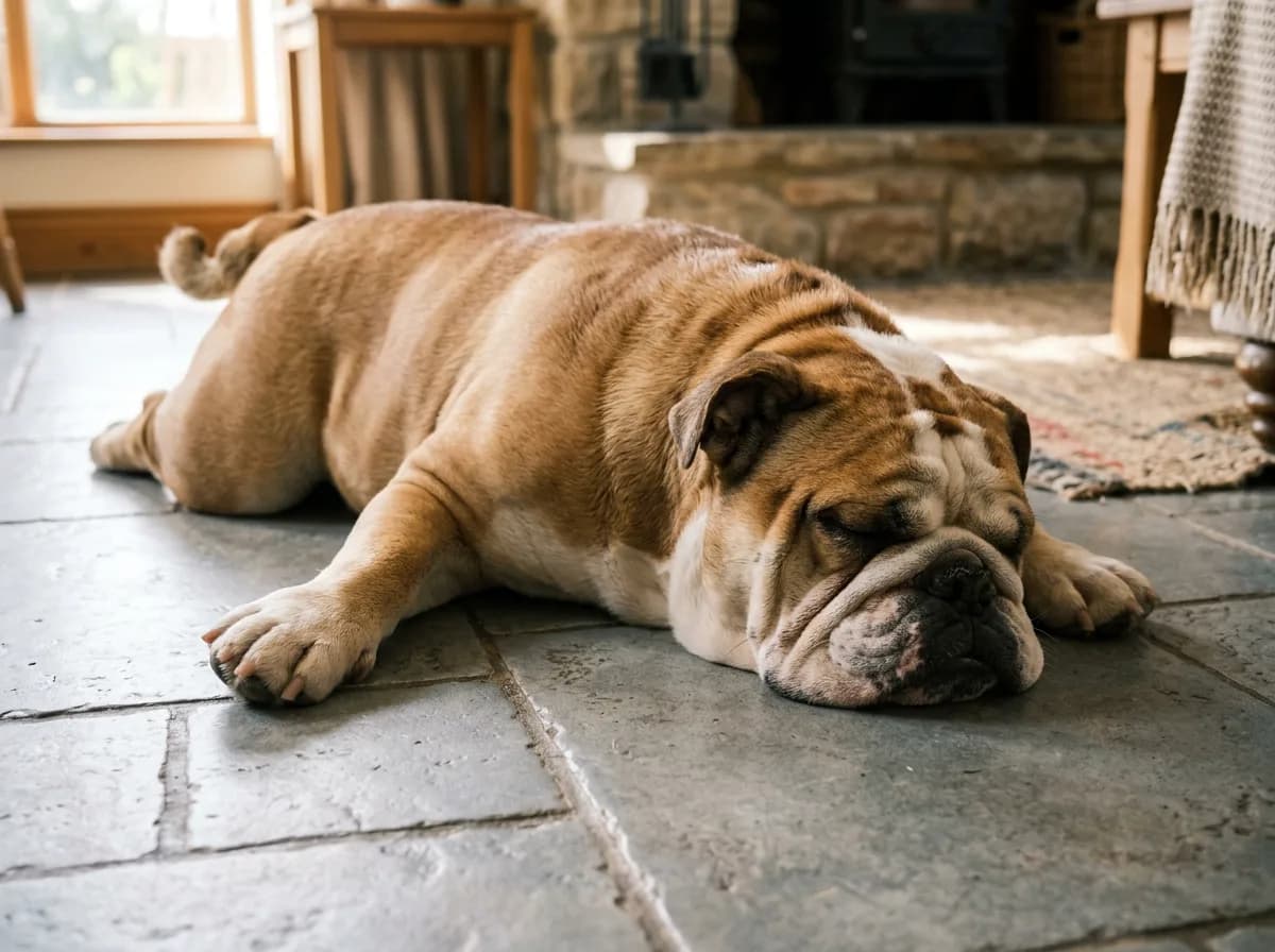 a stocky English Bulldog lying contentedly on a cool tile floor with its jowls spread out, looking sleepy and immovable, one paw stretched forward