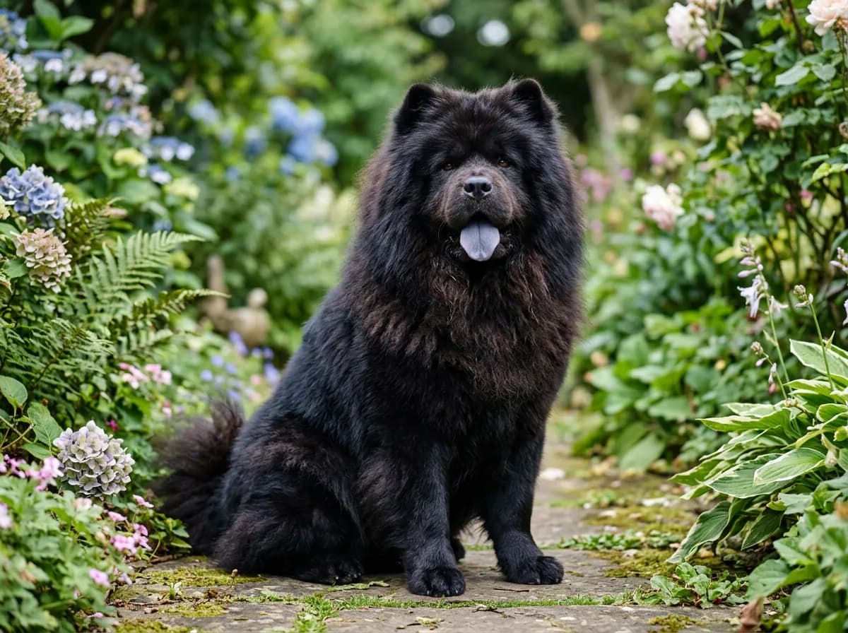 a fluffy blue-black-tongued Chow Chow with a lion-like mane sitting with dignified posture in a garden, looking self-possessed and mildly disdainful