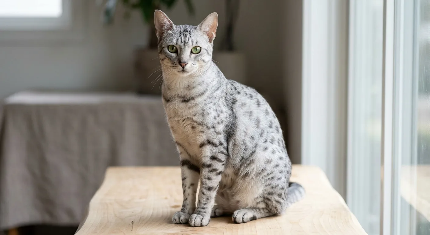 A blue or pewter Egyptian Mau, a short-haired cat with a pale grey ground and soft blue-grey random spots, banded legs, an M-shaped mark on the forehead, pale gooseberry-green eyes, sitting upright on a light surface