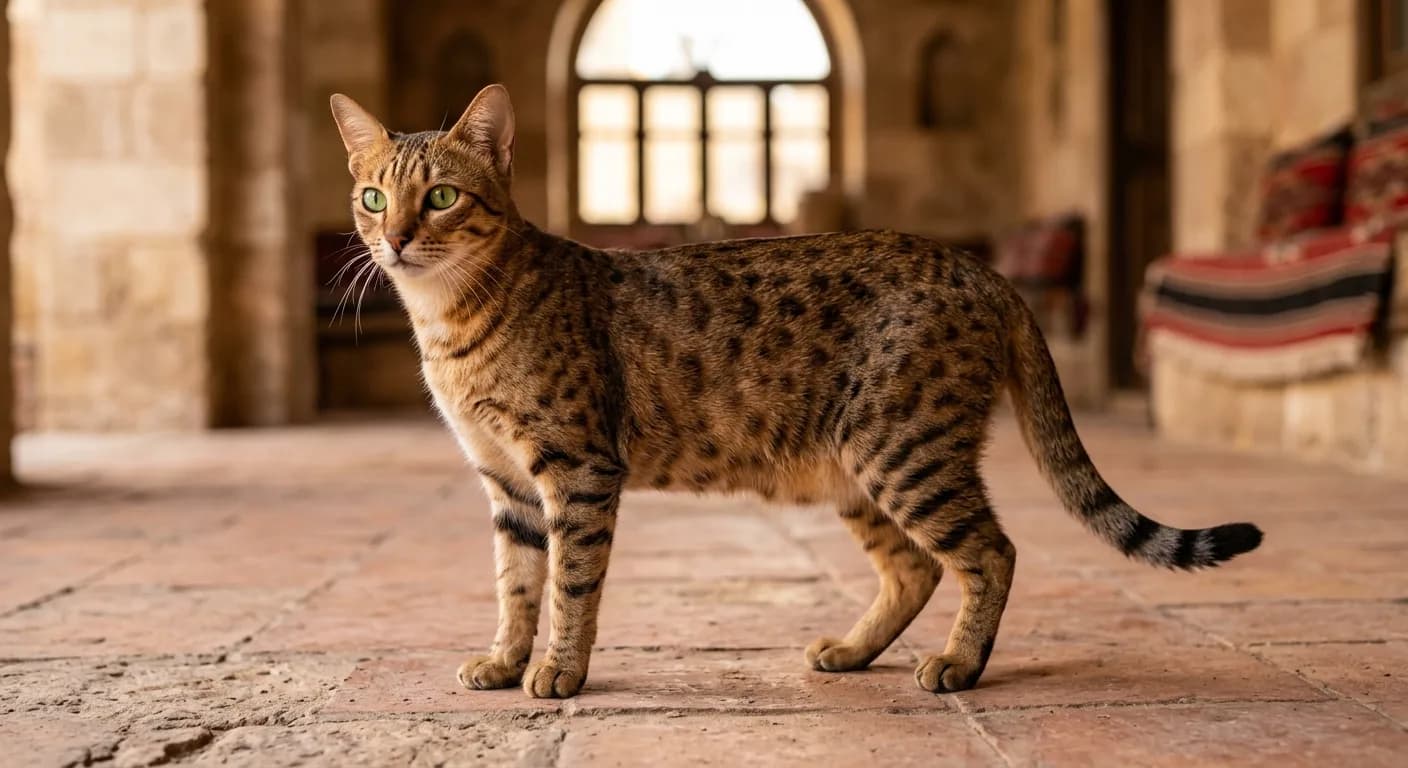 A bronze Egyptian Mau standing in warm light, a coppery-brown ground darkening along the spine to a saddle, dark-brown random spots, creamy ivory belly, banded tail with a dark tip, gooseberry-green eyes