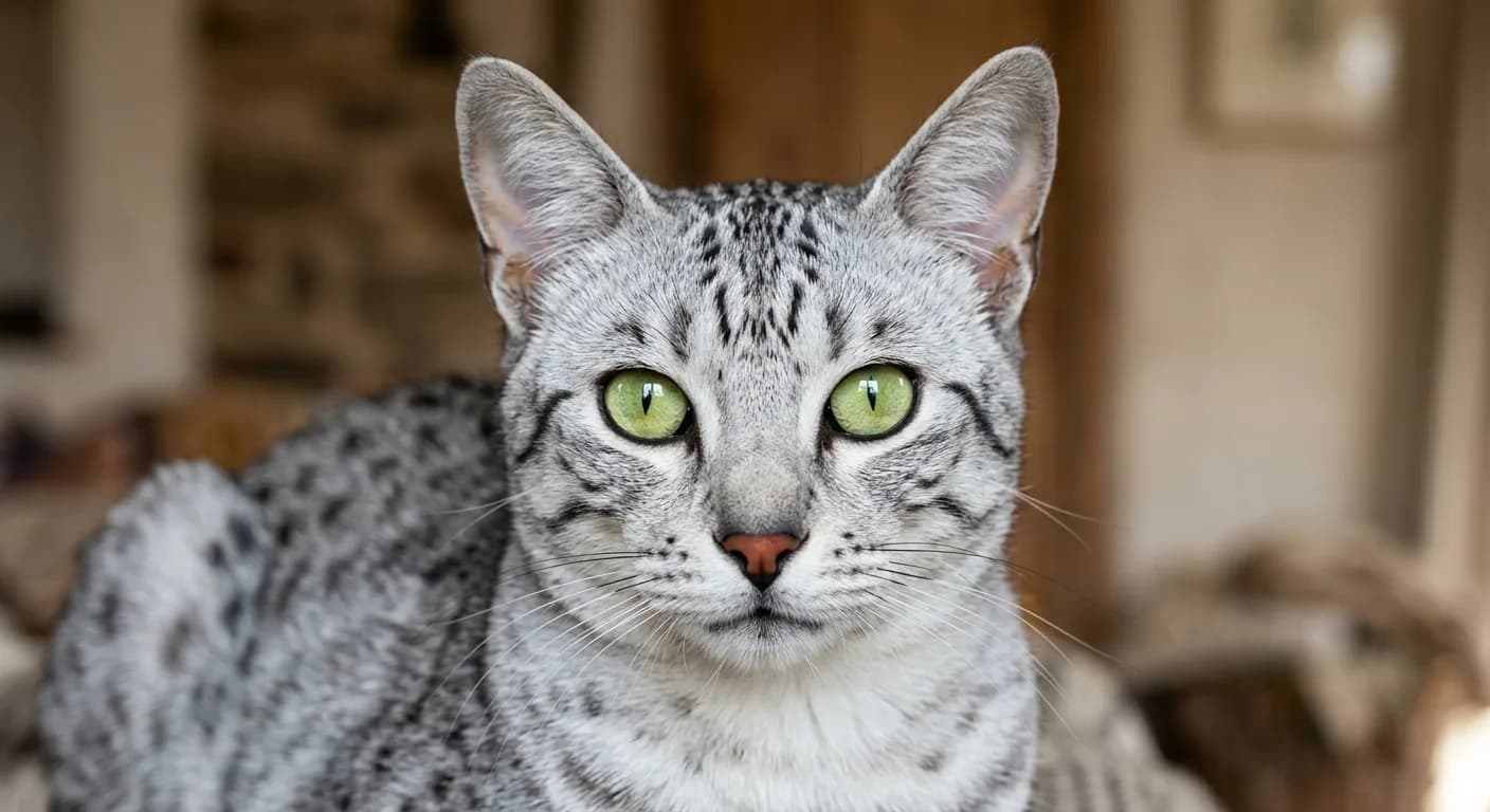 A close head study of a silver Egyptian Mau showing the dark M-shaped scarab mark on the forehead, two dark mascara lines curving across each cheek, eyes nose and lips rimmed in black, and large round gooseberry-green eyes