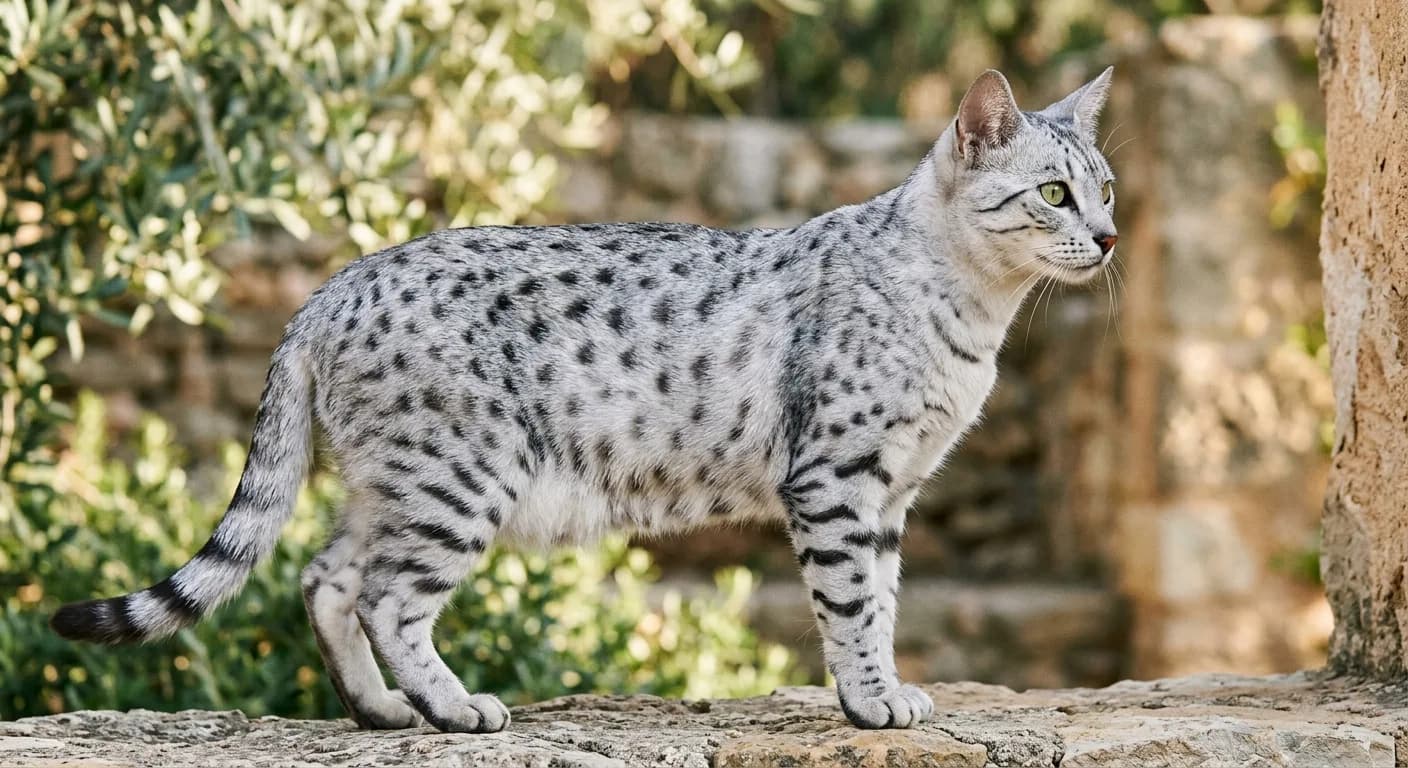 A silver Egyptian Mau in profile showing crisp charcoal-black random spots on a pale silver ground, a brick-red nose rimmed in black, dark mascara lines and a vivid gooseberry-green eye, banded foreleg