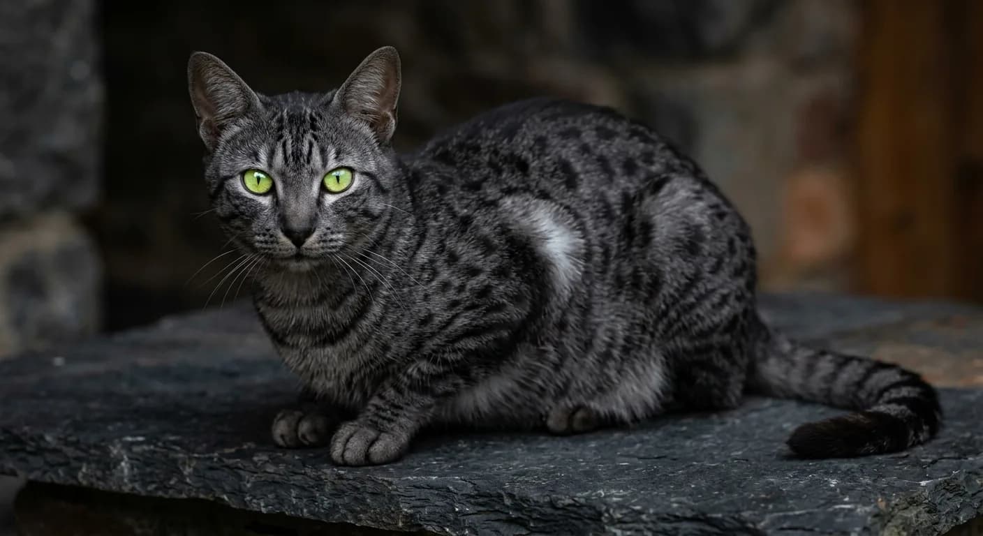A smoke Egyptian Mau on a dark surface, a charcoal coat with jet-black random spots barely showing against the dark ground, a silver undercoat flashing at the flank, black nose and whiskers, glowing gooseberry-green eyes