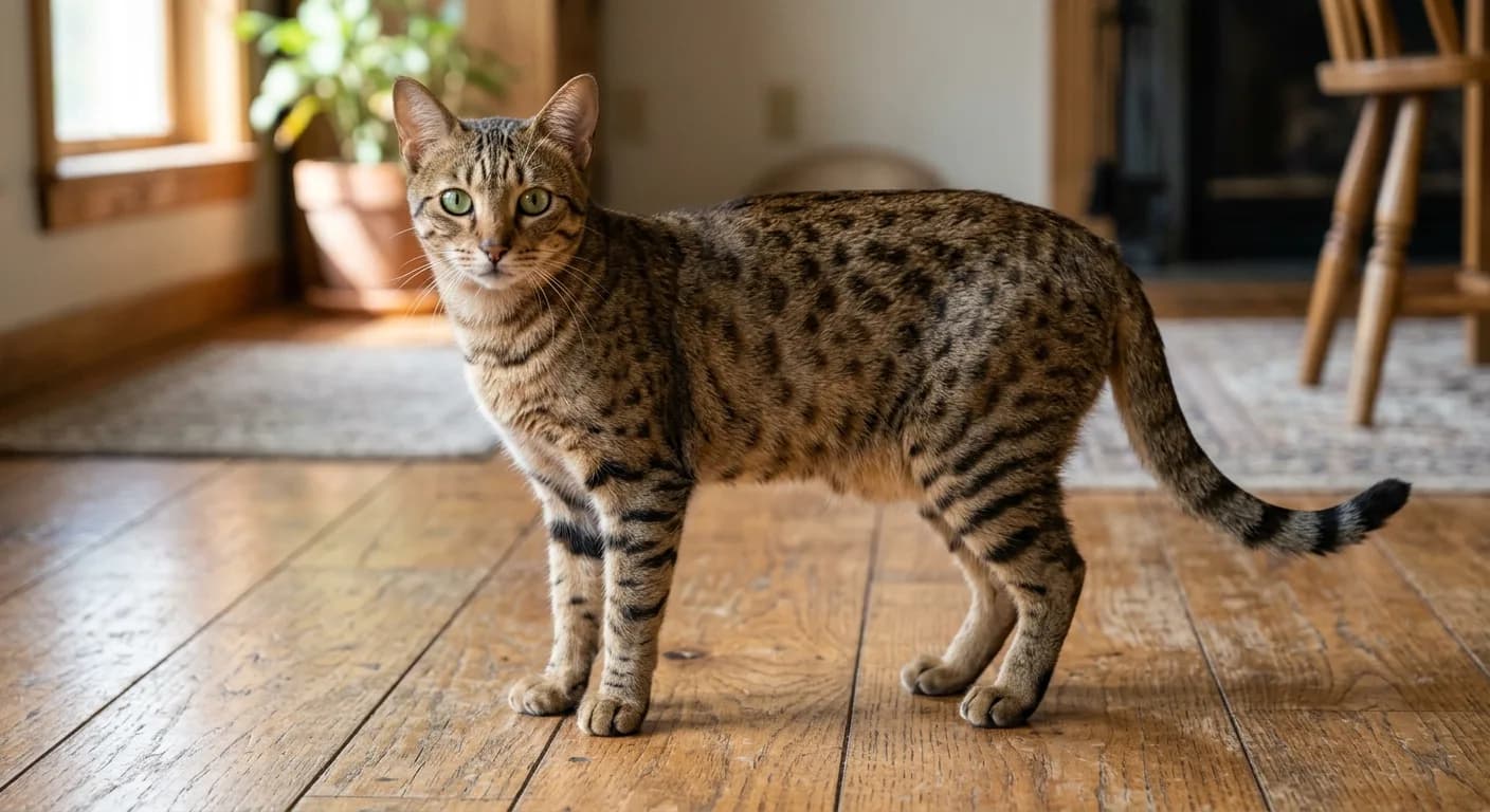 A bronze Egyptian Mau with warm brown random spotting on a tawny ground, banded legs and tail, a dark M-shaped scarab mark on the forehead, dark mascara lines, and almond gooseberry-green eyes, standing on a wood floor in soft daylight