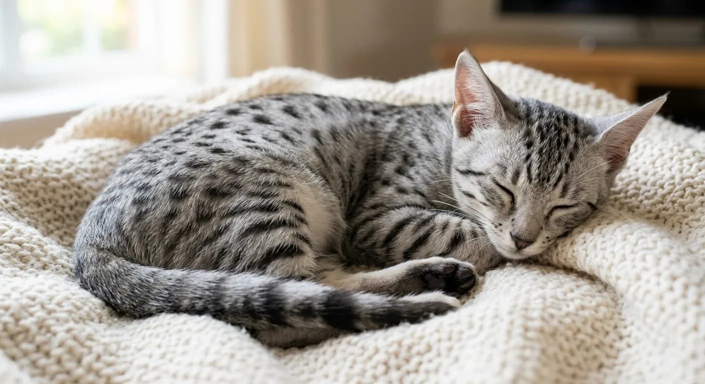 A young silver Egyptian Mau kitten with developing dark spots on a pale silver coat, oversized ears, dark mascara lines under bright gooseberry-green eyes, and a loose belly skin flap, curled on a soft cream blanket