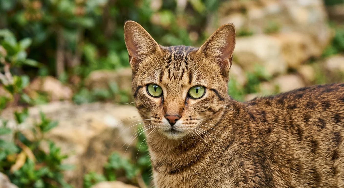 A close head-and-shoulders portrait of a bronze Egyptian Mau showing crisp dark mascara lines running from the outer corners of its almond gooseberry-green eyes along the cheeks, a clear scarab M on the forehead, and small random spots on a warm bronze ground