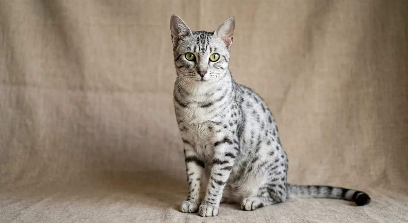 A featured studio portrait of an elegant muscular short-haired silver Egyptian Mau with random dark spots on a pale silver ground, banded legs, dark mascara lines from almond gooseberry-green eyes, and an M-shaped scarab mark on the forehead