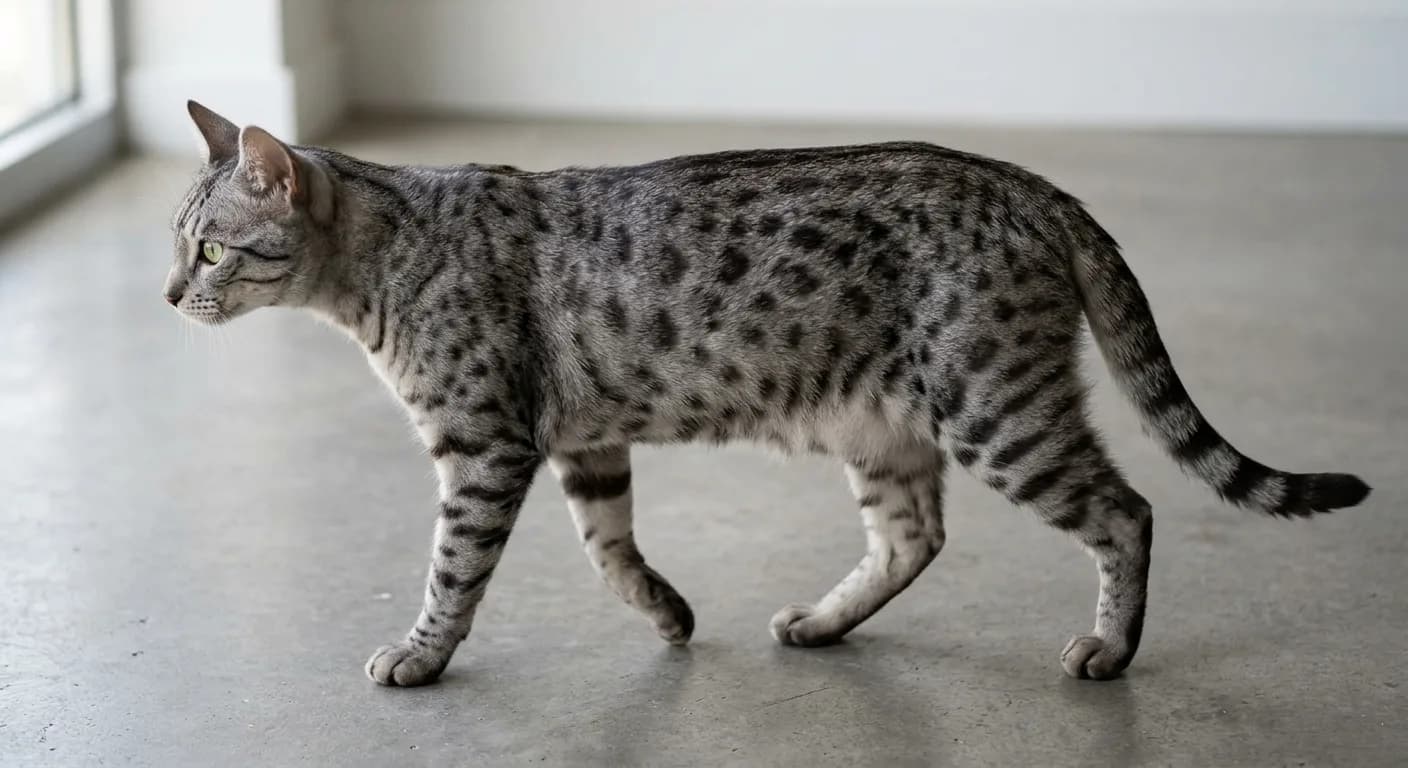 A full-body side profile of a muscular short-haired smoke Egyptian Mau mid-stride on a plain floor, showing random dark spots on a pale smoke ground, a dorsal spine stripe running onto a heavily banded dark-tipped tail, barred legs, the loose belly skin flap between flank and hind knee, and gooseberry-green eyes