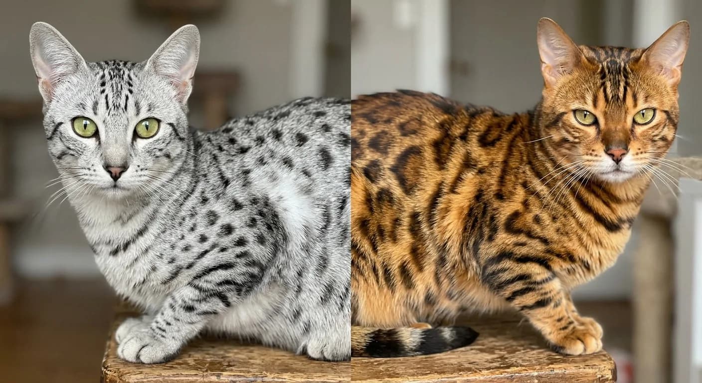A close-up comparison of two short-haired cat coats: on the left, the solid random single spots and silver ground of an Egyptian Mau; on the right, the dark-outlined two-tone rosettes of a golden Bengal