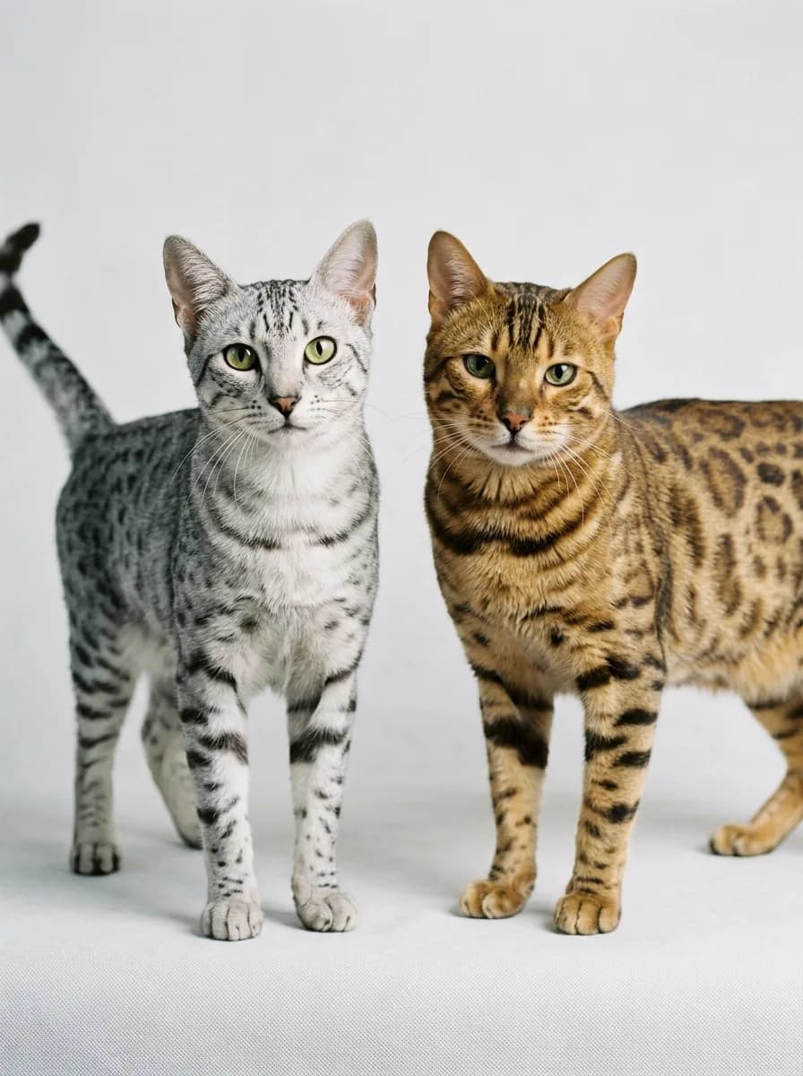 A featured side-by-side portrait of an elegant silver Egyptian Mau with random dark spots, dark mascara lines from gooseberry-green eyes, and banded legs, posed beside a larger golden Bengal showing two-tone rosettes, both short-haired spotted cats on a clean studio backdrop