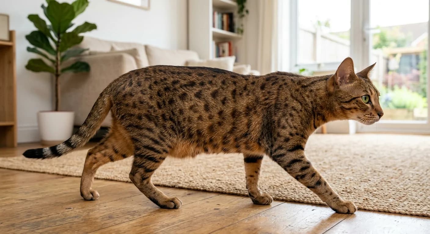A full-body profile of a lean bronze Egyptian Mau mid-stalk, showing random dark spots, banded legs and tail, a scarab mark and mascara lines under almond gooseberry-green eyes, and the loose belly skin flap, in a bright living room