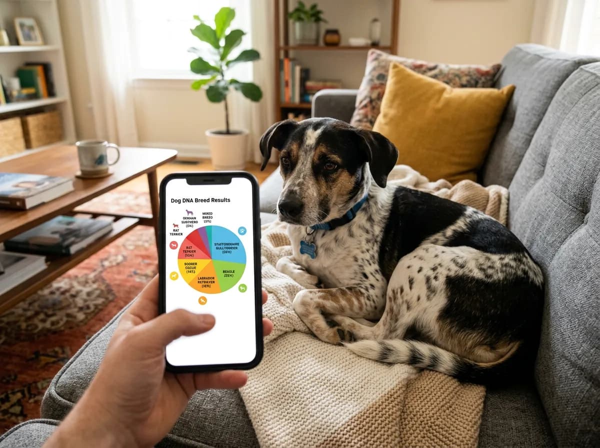 A smartphone showing a dog breed ancestry pie chart held in front of a spotted mixed-breed dog on a couch