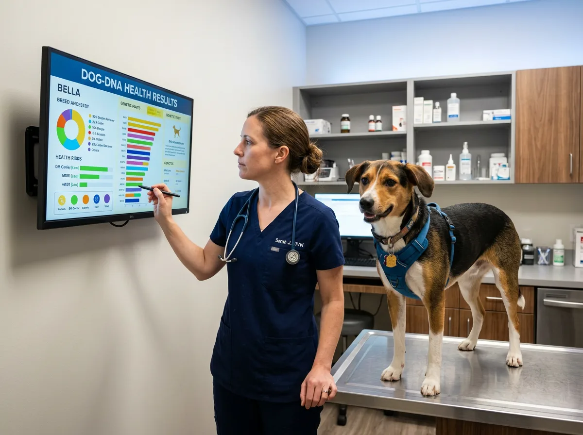 A veterinarian reviewing dog DNA health results on a wall monitor with a mixed-breed dog on the exam table