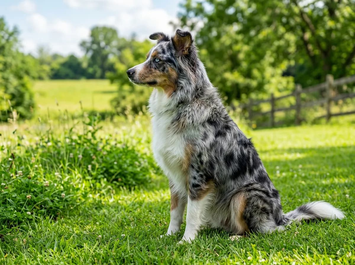 A blue merle Australian shepherd sitting on a grassy lawn, a herding breed linked to the MDR1 drug-sensitivity gene