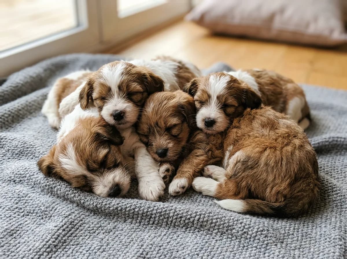 A litter of five similar-looking mixed-breed rescue puppies piled together on a grey blanket