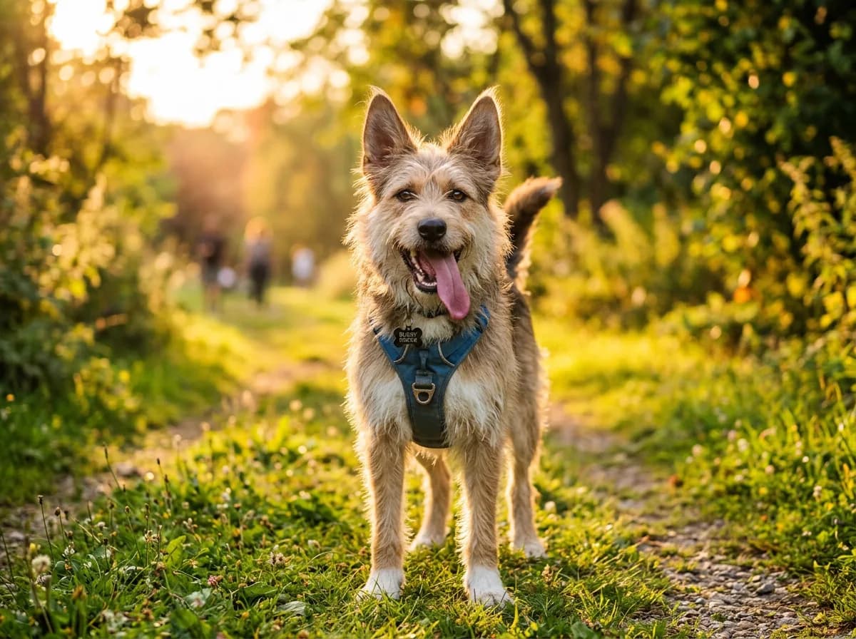 A happy mixed-breed rescue dog standing on a park path with tongue out in golden afternoon light