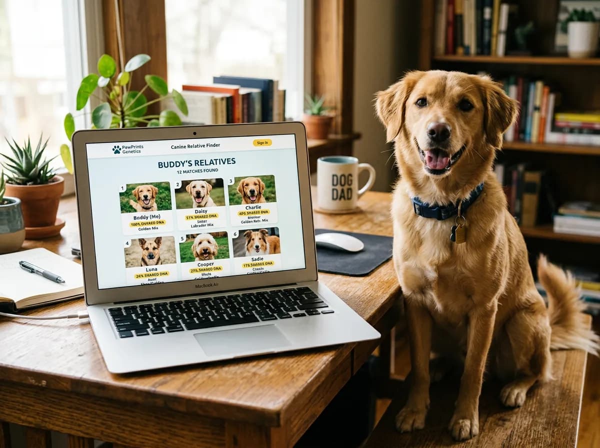 A laptop showing a dog relative-finder grid of matched dogs beside a golden mixed-breed dog