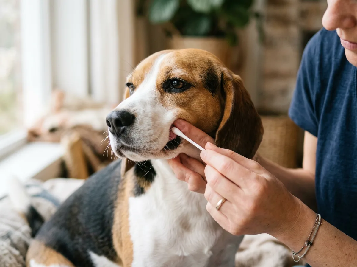 A cheek swab being collected from a calm beagle's inner cheek with a long white DNA swab