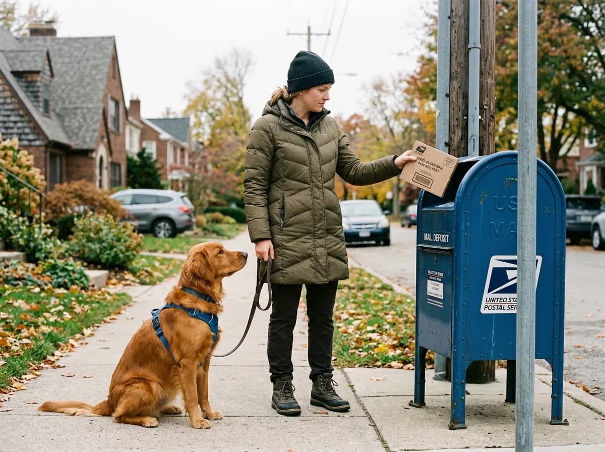 An owner mailing a prepaid DNA sample return envelope at a blue curbside mailbox with a leashed dog beside them