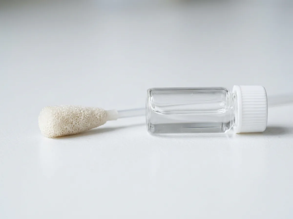 A single sponge-tipped DNA swab beside a small vial of stabilizing fluid on a white counter