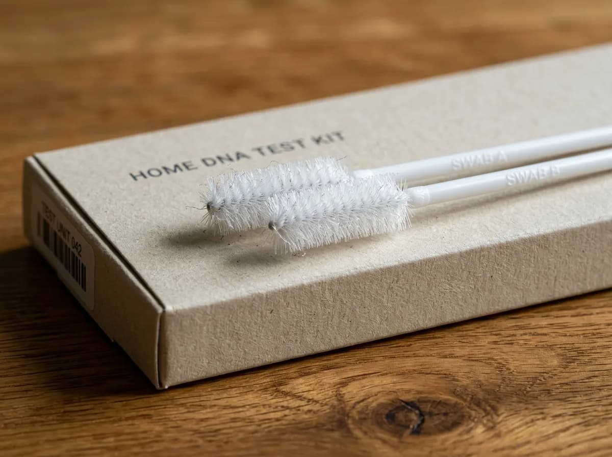 A pair of bristled DNA collection swabs resting on a closed test kit box